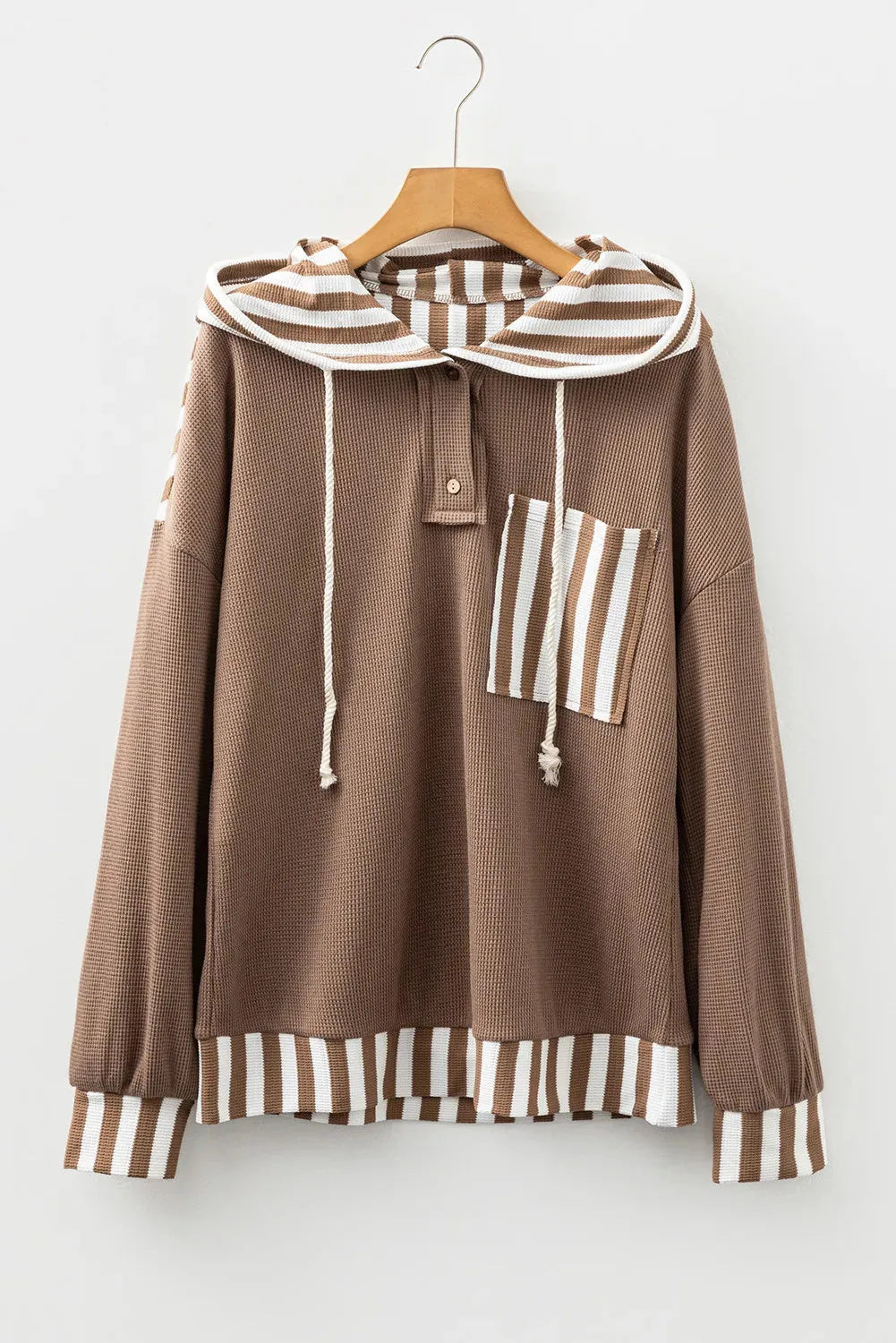 Straw yellow waffle texture hoodie with patchwork stripes and front drawstring