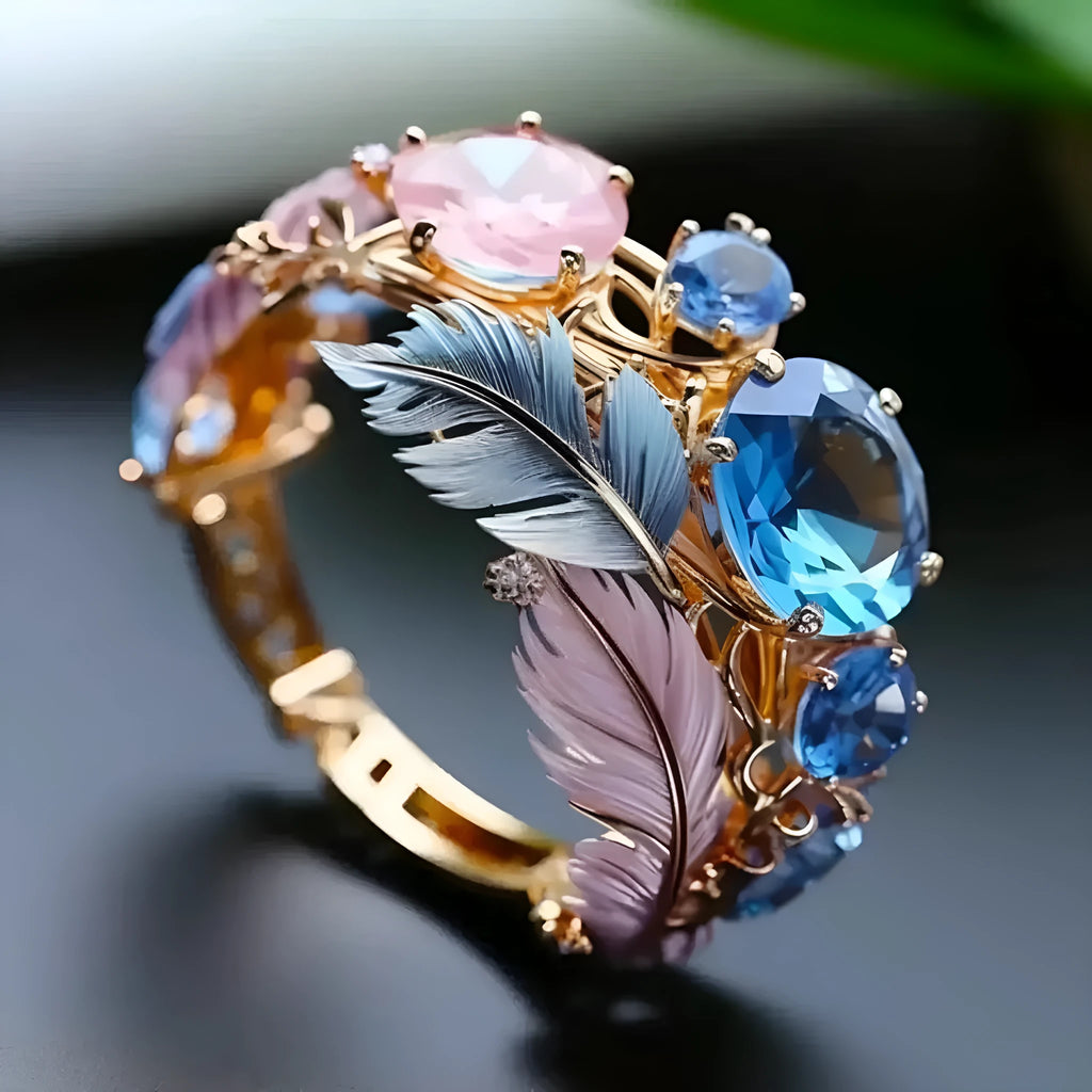 Gold geometric brass zircon ring with embossed colourful feather design