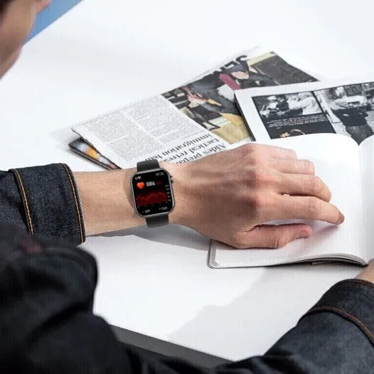Smart watch with Bluetooth calling heart rate body temperature sensors on wrist display showing health data