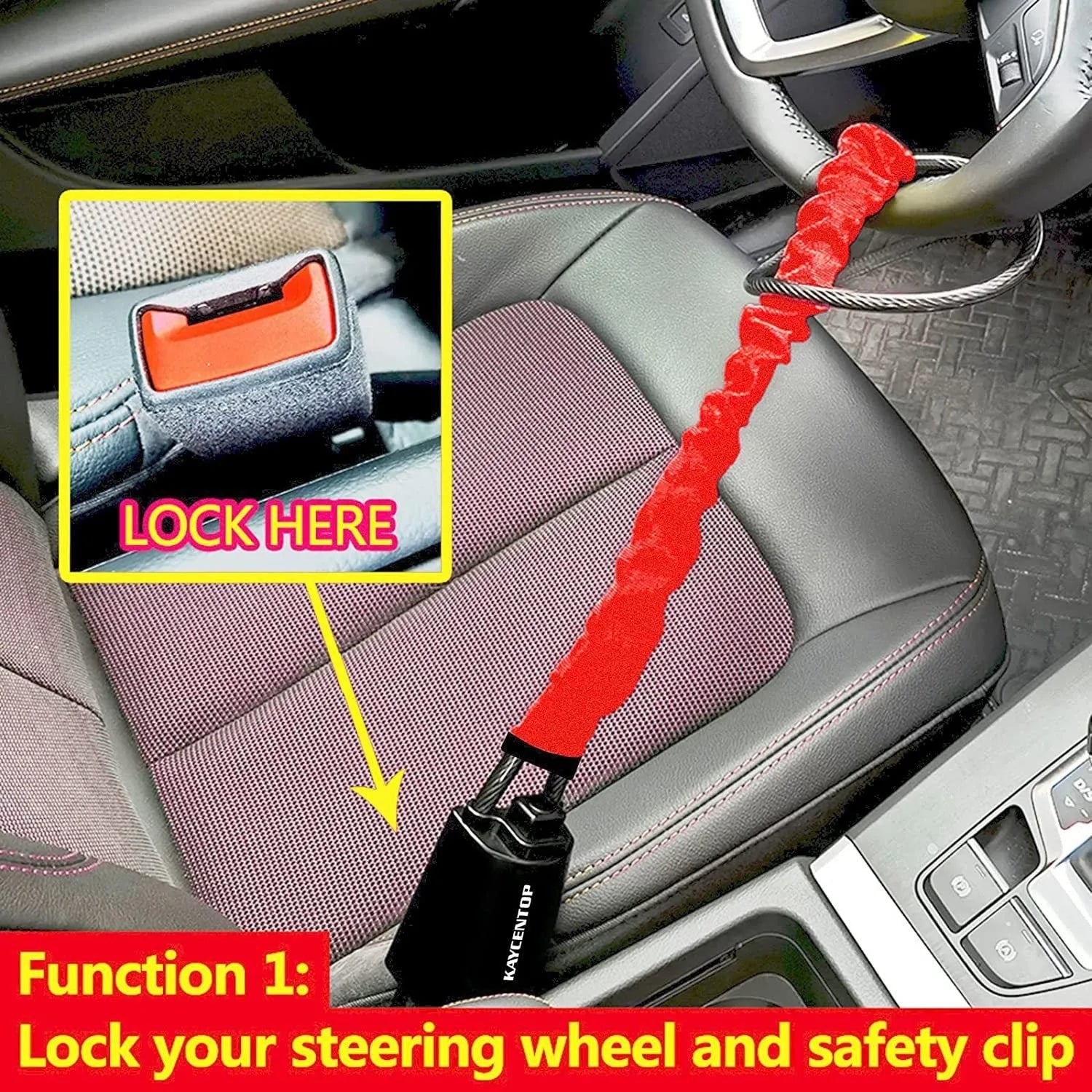 Red steering wheel lock with wire rope design and copper lock core