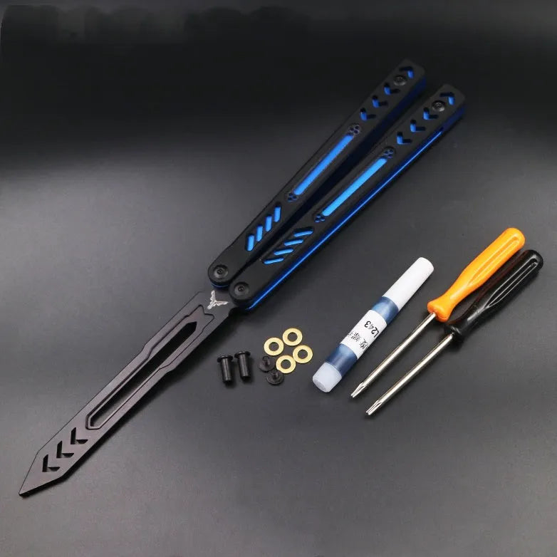 Aluminium-handled unbladed butterfly knife trainer with G10 grip patches