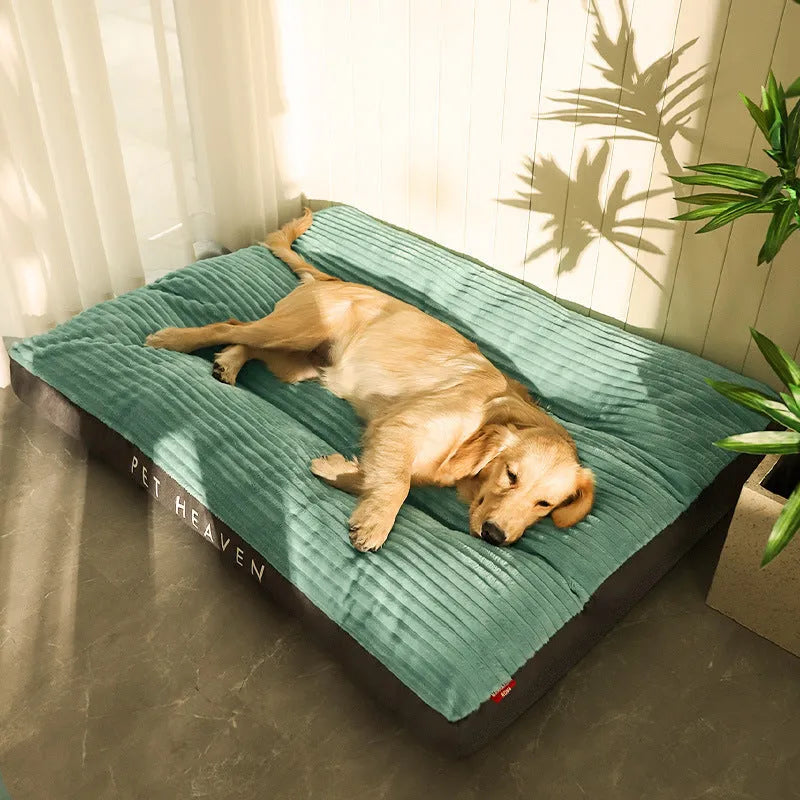 Green cut velvet dog bed mat with removable cover in extra-large size 120x95cm