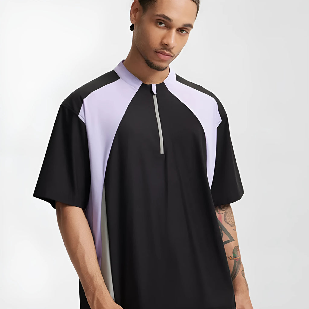Men's lightweight polyester top with stitching detail in black or beige, available in long sleeve and short sleeve versions