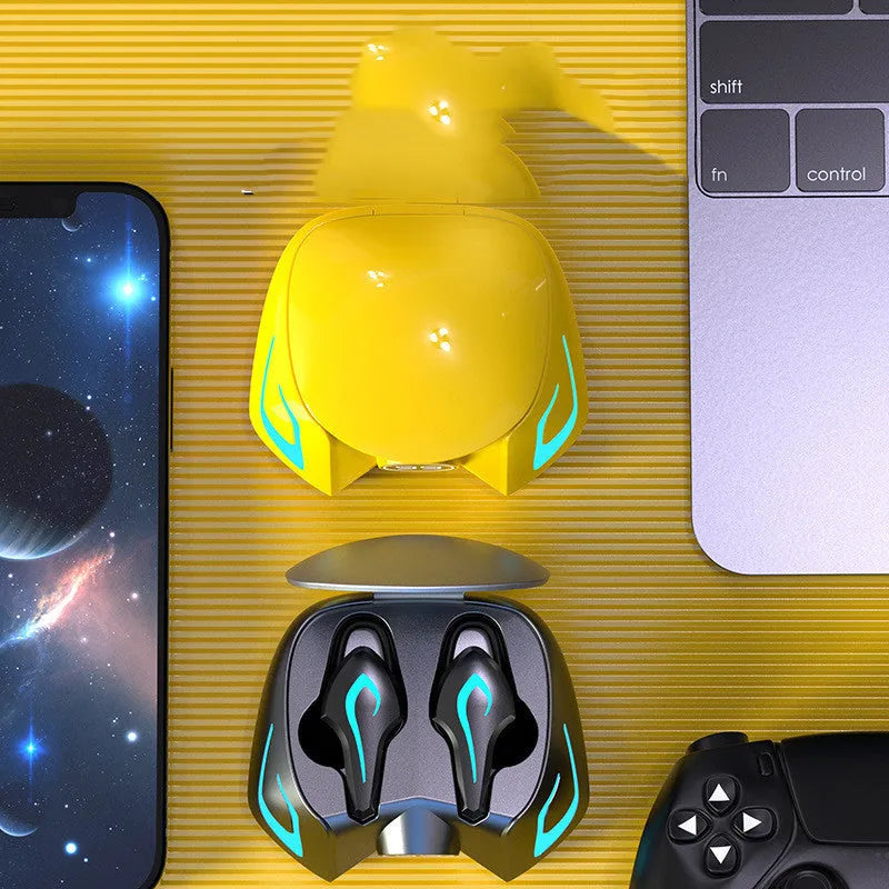 Bluetooth gaming headset earphones in black, grey or yellow colours with wireless connectivity