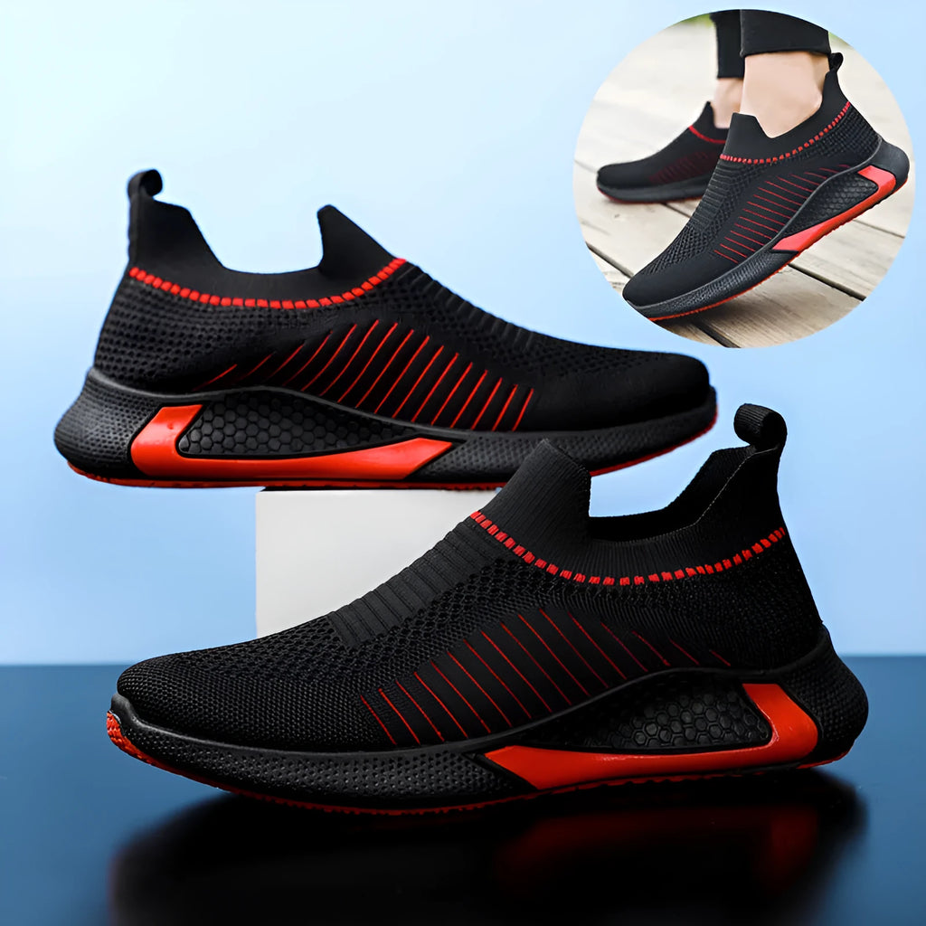 Men's striped mesh slip-on sneakers with flyknit upper and lace front in black colour variant