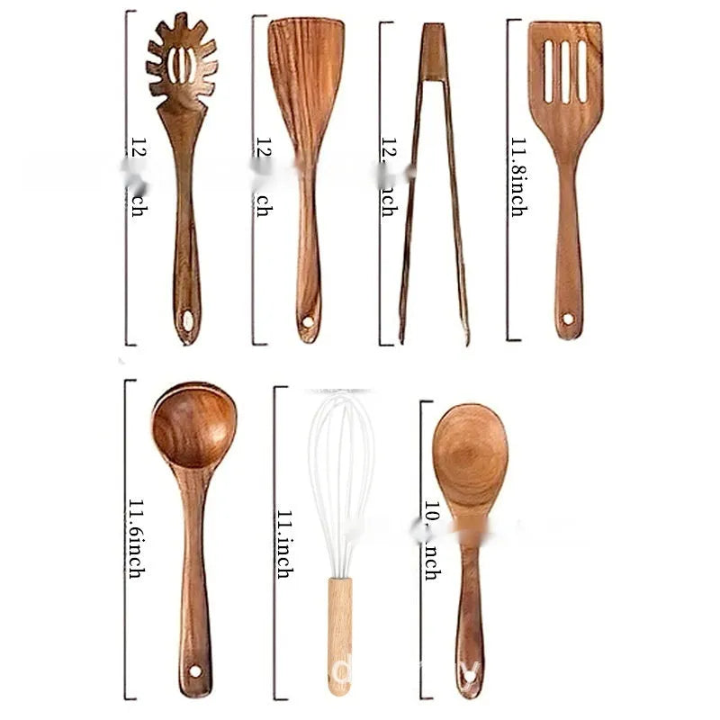 Seven-piece wooden spoon and spatula kitchen utensil set in natural wood finish