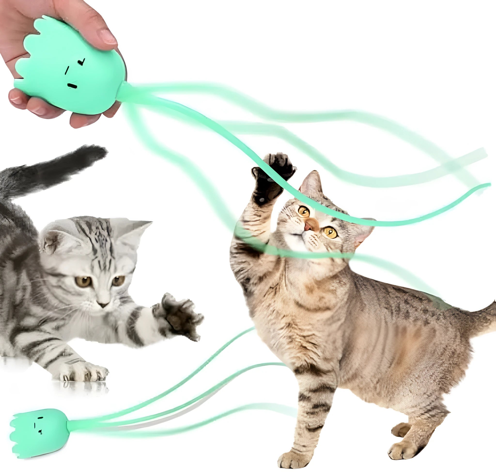 Green automatic cat wand toy with rotating silicone tails for indoor cat entertainment
