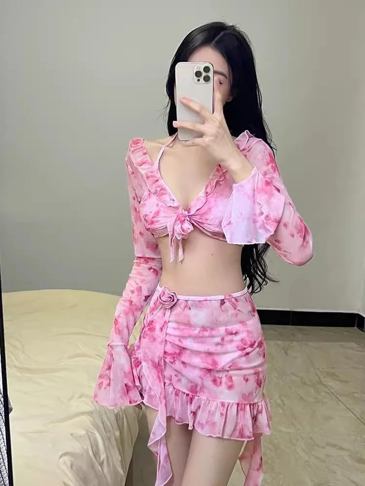 Women's floral bikini swimsuit in cherry blossom pink colour with polyester fabric