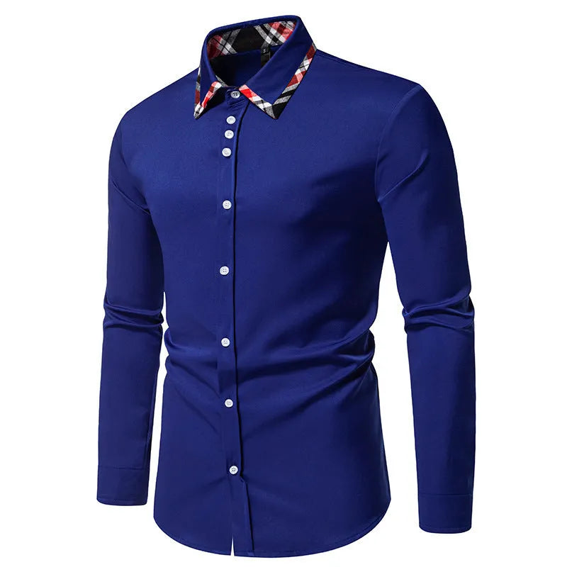 Men's plaid triangle collar long sleeve shirt in chemical fibre blend fabric