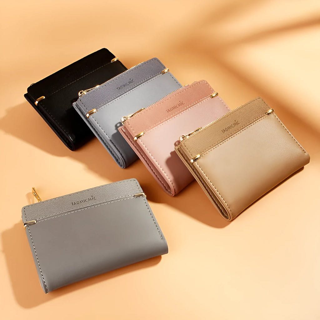 Short zipper ladies wallet in PU leather, open to show multiple card slots, bill holder, and change compartment.