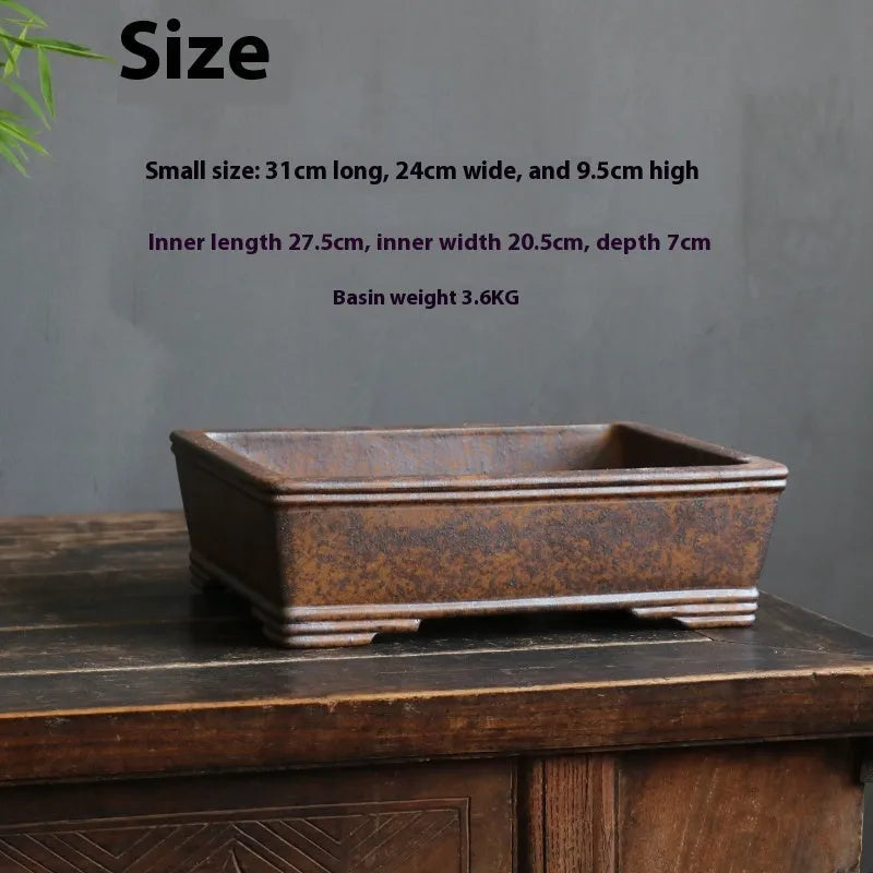 Rectangular purple sand bonsai pot with firewood burning finish, shown in large and small size options.