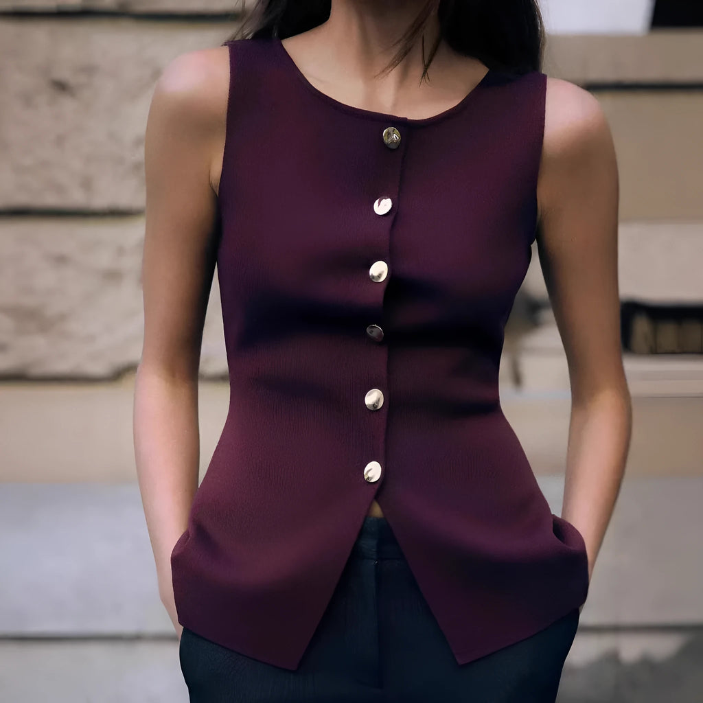 Women's dark red viscose fibre sleeveless cardigan vest with 3D pattern detailing and slim fit silhouette