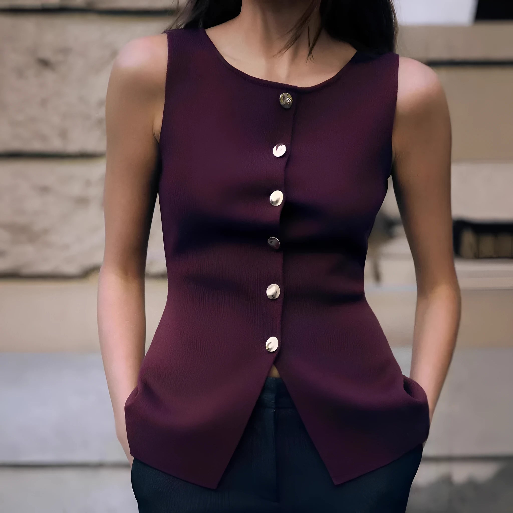 Women's dark red viscose fibre sleeveless cardigan vest with 3D pattern detailing and slim fit silhouette