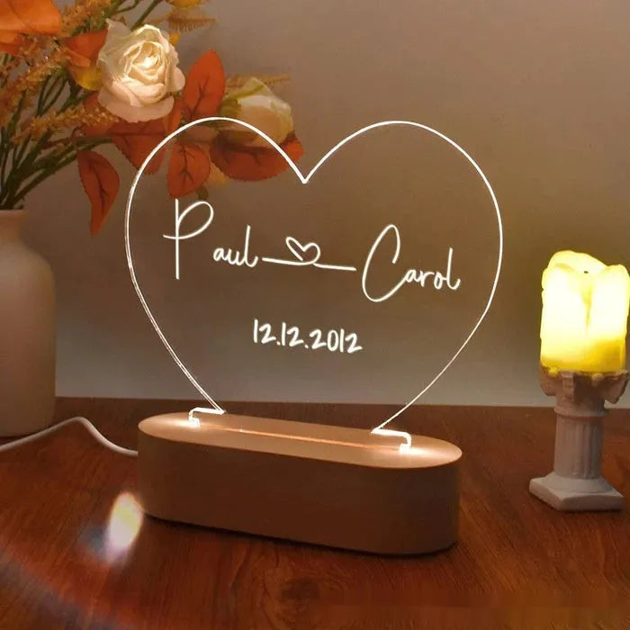 Custom acrylic LED night light displaying personalised names and date text