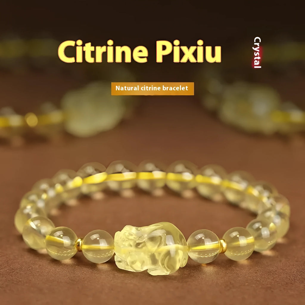 Yellow leather bracelet with citrine artificial crystal beads and Pi Xiu charm in Chinese national style