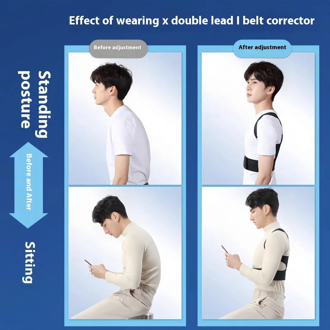 Men's adjustable hunchback corrector belt in beige or black for spine alignment and shoulder support
