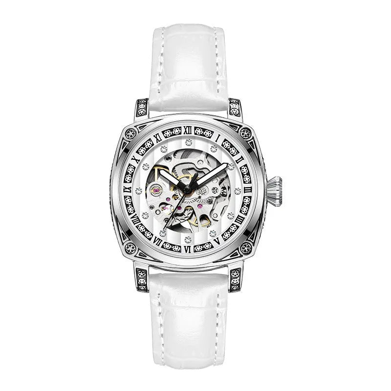 Men's mechanical watch with luminous hands on a leather strap, shown in black, red, steel, and white colour options.
