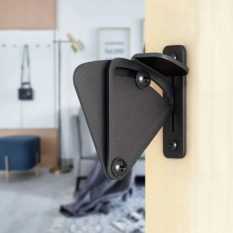 Black stainless steel sliding barn door lock shown with two size options.