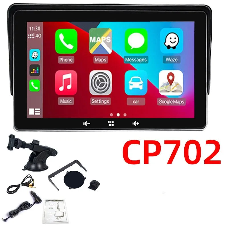 7-inch wireless CarPlay display with suction cup mount and cigarette lighter power adapter
