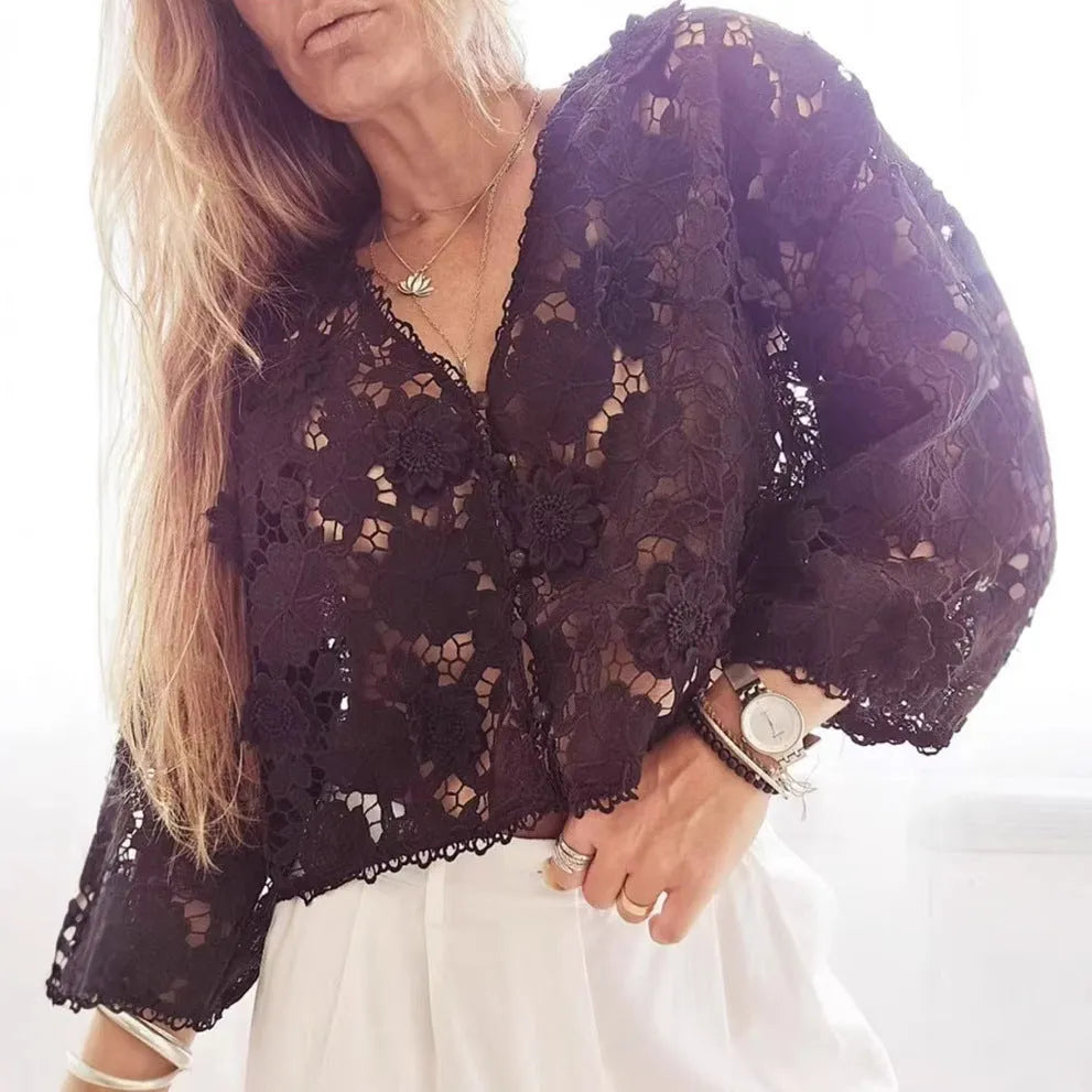 Women's black lace cardigan with three-dimensional floral decoration and V-neck design