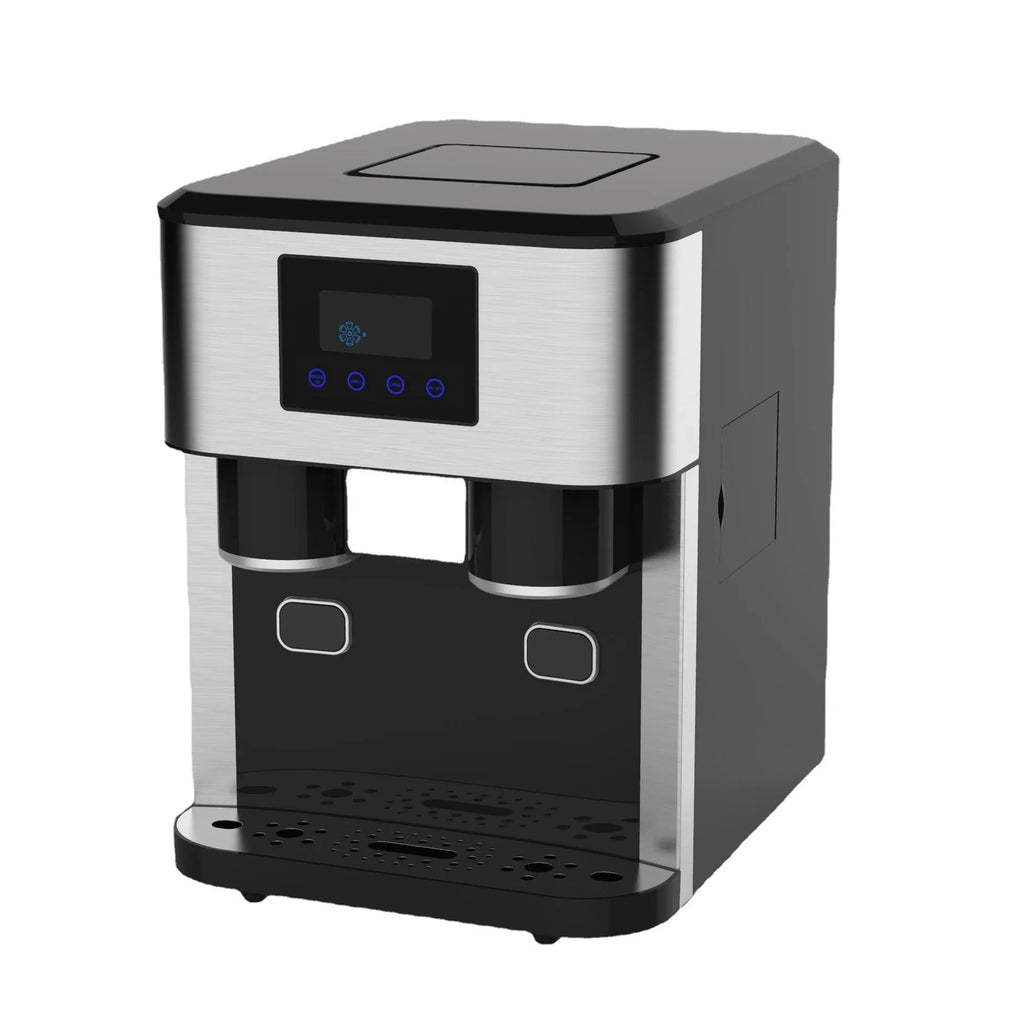 Black desktop ice maker with stainless steel components showing ice production, crushing, and water dispensing functions