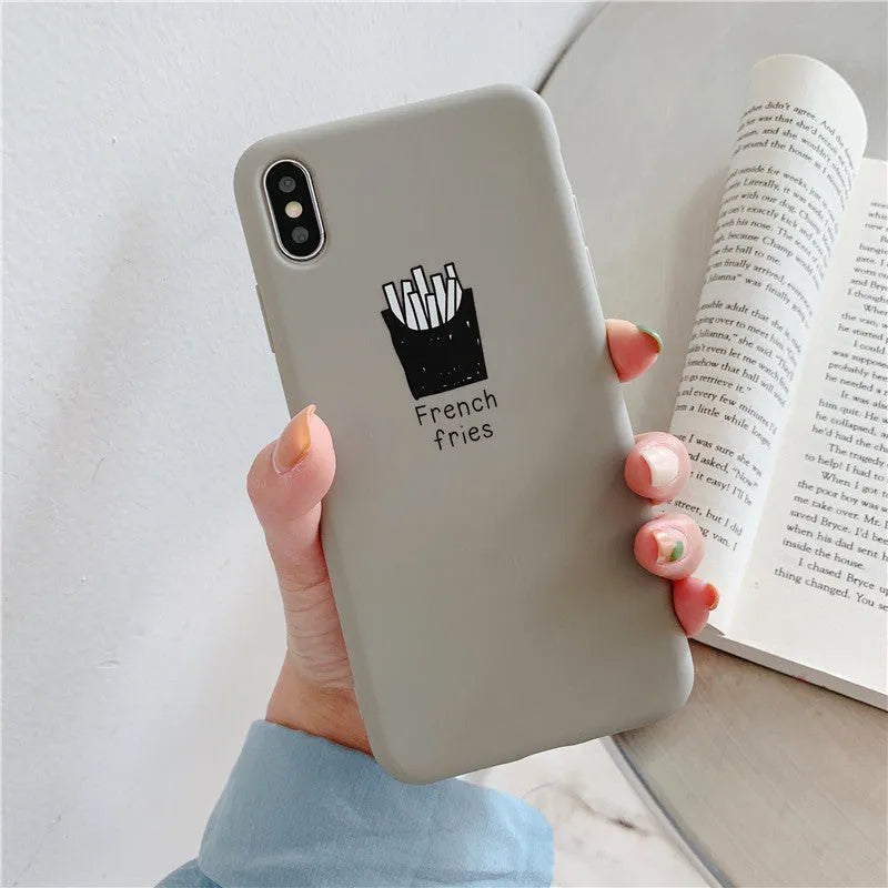 Soft matte silicone phone case for iPhone with ice coffee and french fries couple patterns