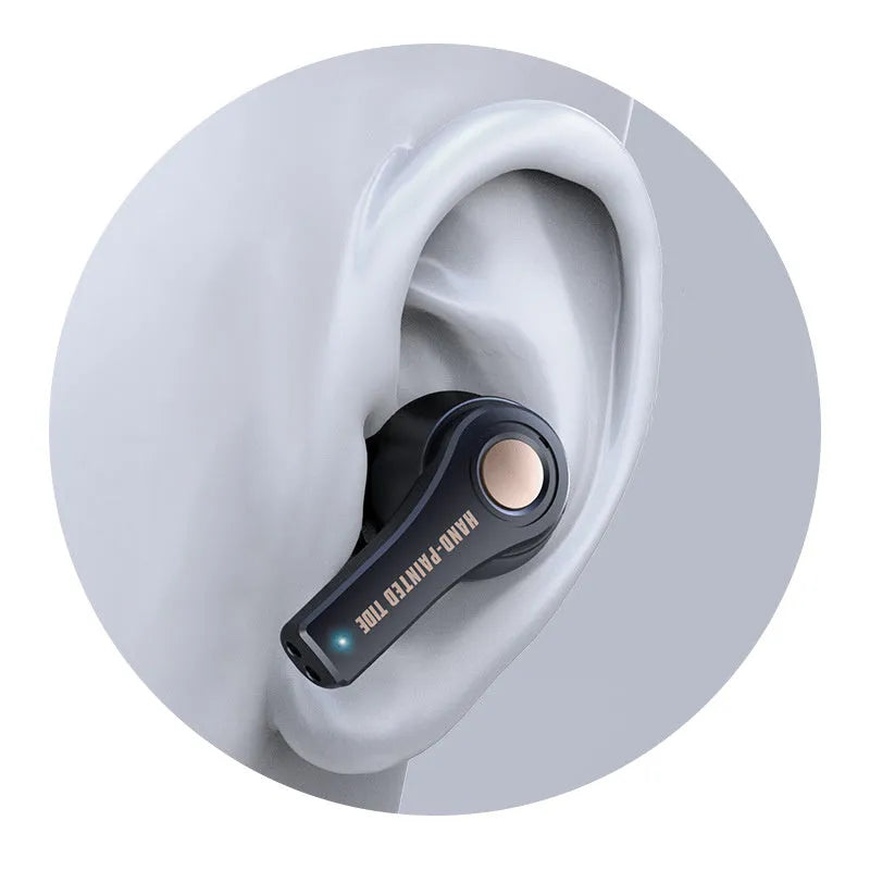 Black and white wireless Bluetooth headset showing head-mounted design