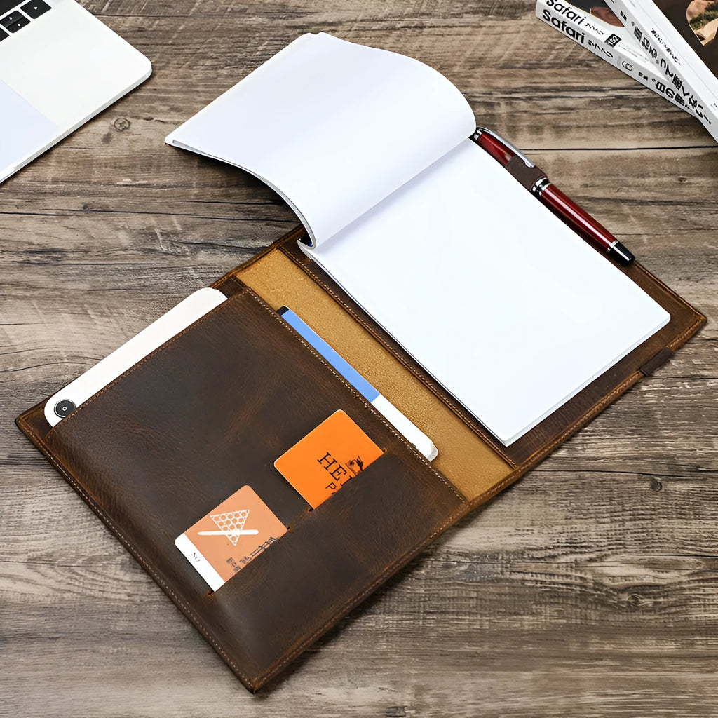 Brown Crazy Horse leather A5 notebook protective sleeve with square socket design.