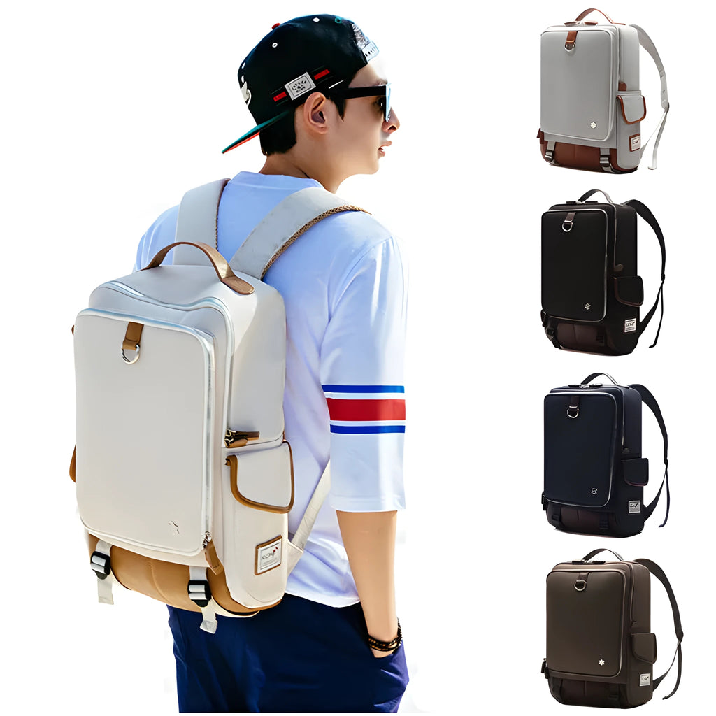 Korean-style men's Oxford cloth backpack in Army Green, showing its large capacity and dimensions.