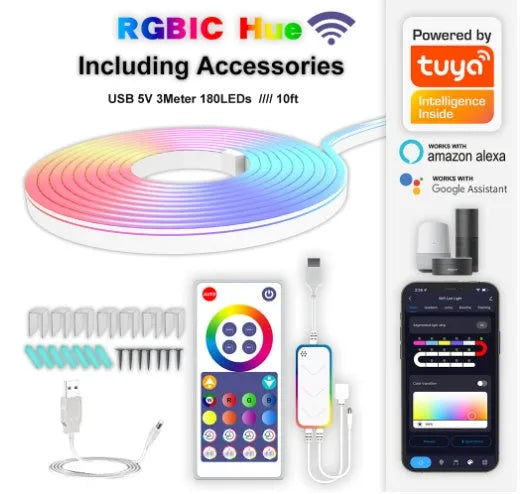 3 metre long RGB neon LED strip lights with remote control and USB power cable