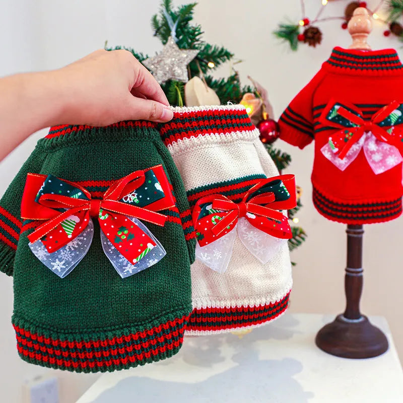 Dog wearing red Christmas jumper with weight-based sizing guide for festive pet clothing