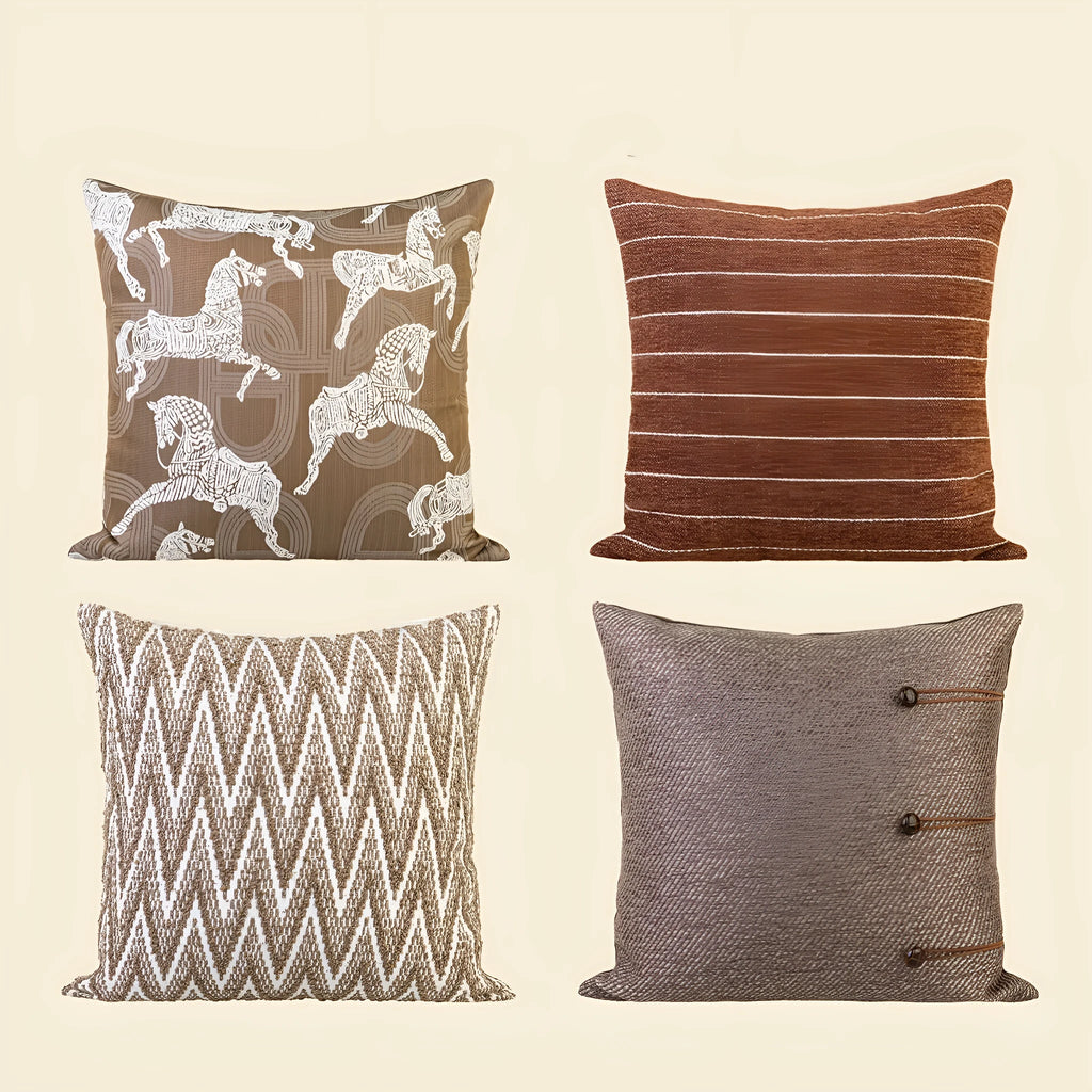 Square Chinese ancient style cushion in brown Maillard colour on a sofa.