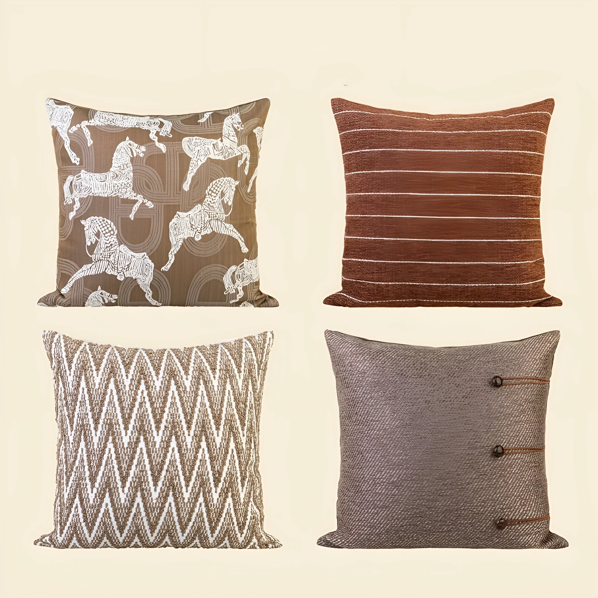 Square Chinese ancient style cushion in brown Maillard colour on a sofa.
