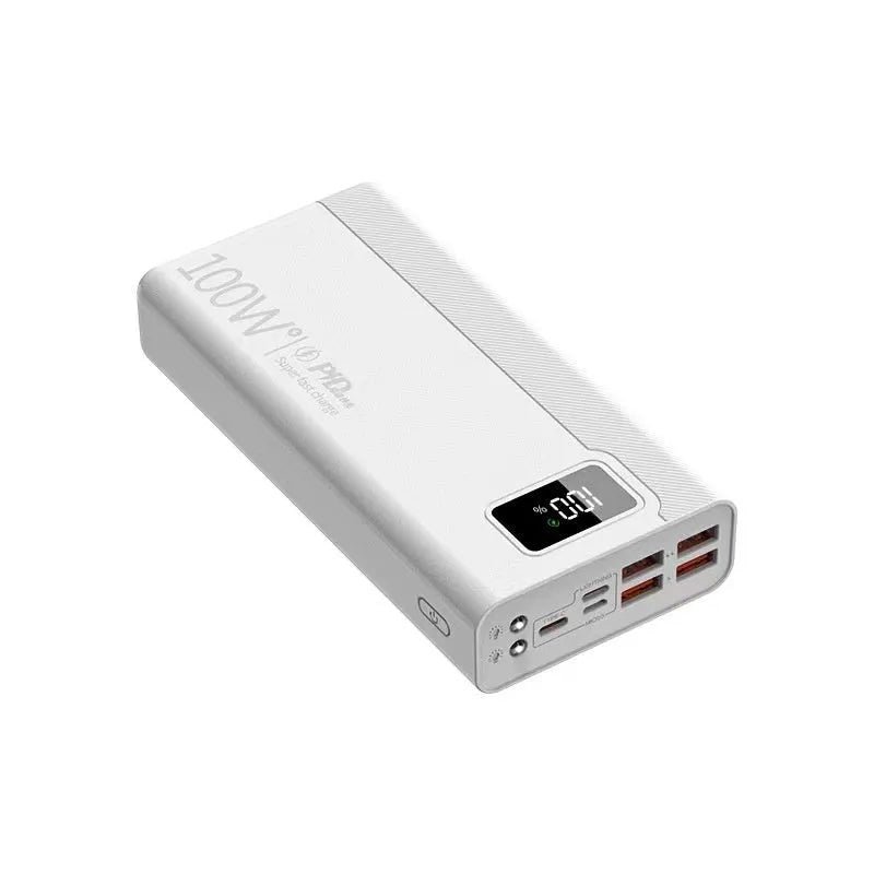 Large capacity power bank in black plastic shell showing front view with dimensions 150 x 76 mm