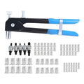 Alloy steel manual riveter nut gun tool with a selection of rivet nuts and mandrels from the set.
