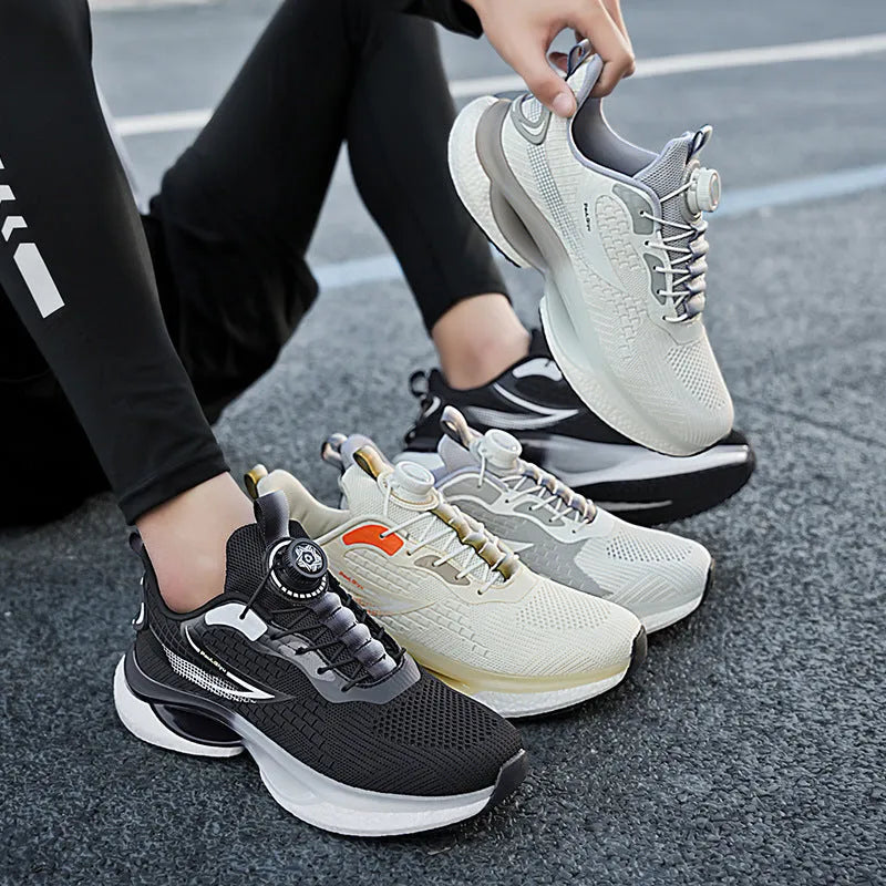 Men's white low-top running shoes with a rotating button buckle and breathable mesh upper.
