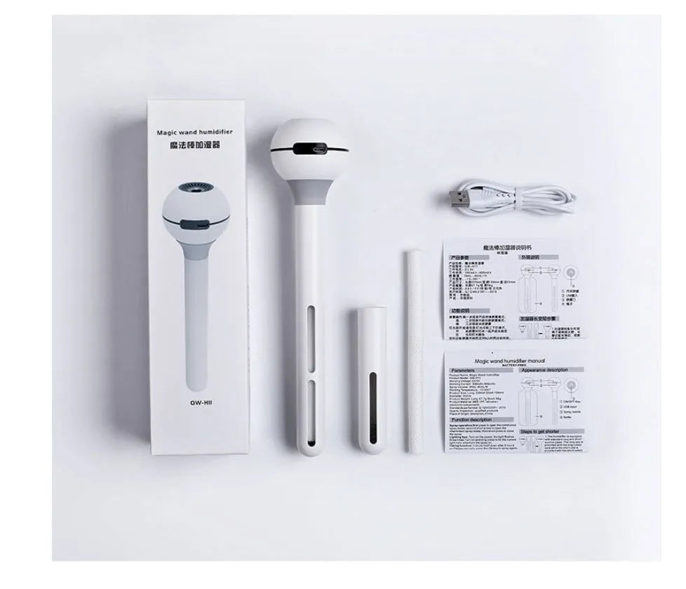Magic wand ultrasonic humidifier in columnar shape with USB port and 1 litre water tank.