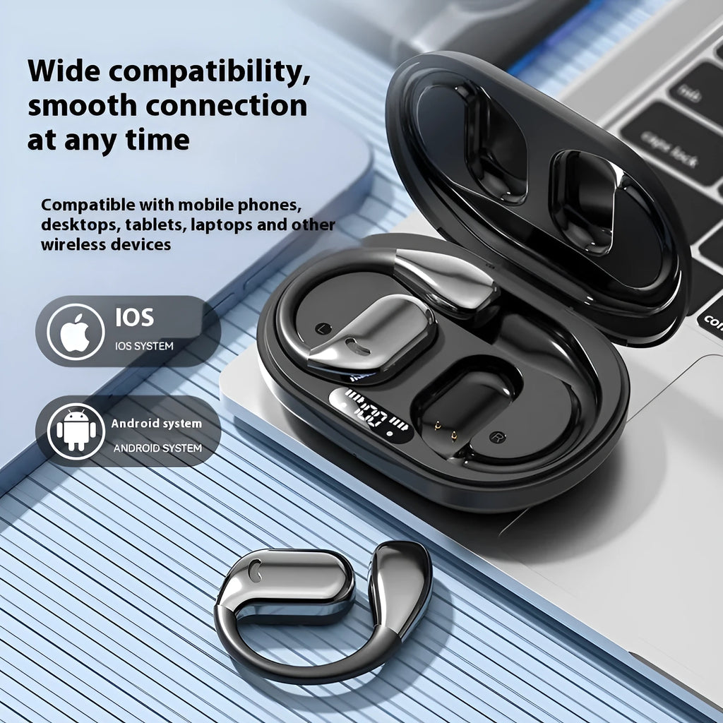 Noise reduction sports ear hook headphones in black with Type-C charging port and ear hook design