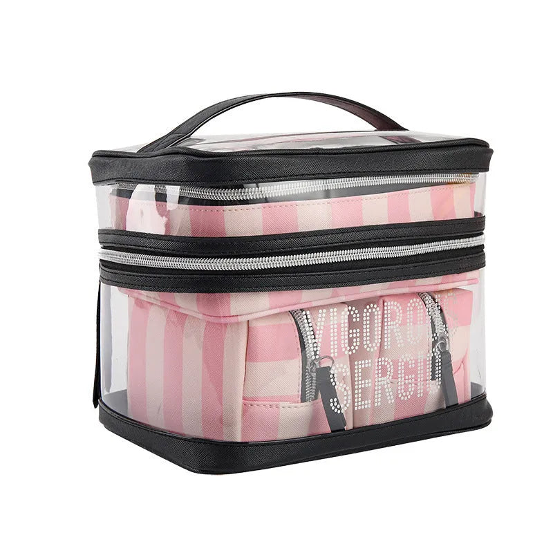 Pink bold stripes and floral pattern synthetic leather makeup buggy bag with waterproof lining.