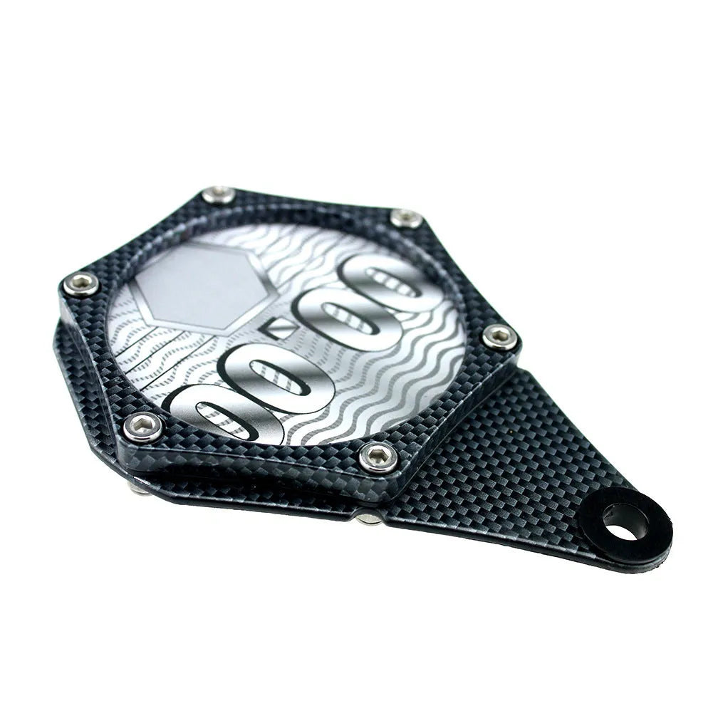 Black carbon fibre patterned metal alloy motorcycle tax disc holder with anti-theft screw.