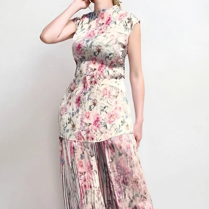 Long sleeve printed chiffon dress with high waist design shown in pictured colours