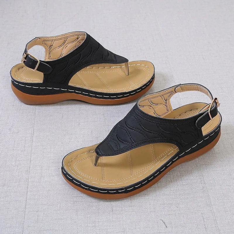 Women's casual wedge heel flip flop sandals with adjustable buckle strap in solid colour