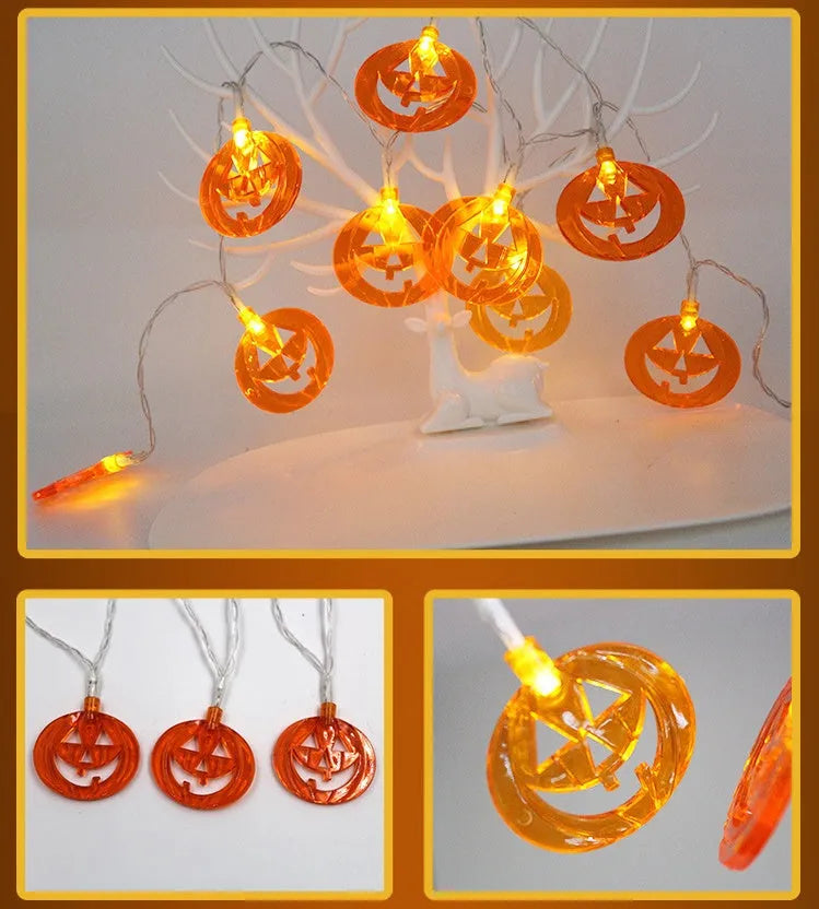 Halloween LED string lights with pumpkin, bat, ghost and spider lantern decorations
