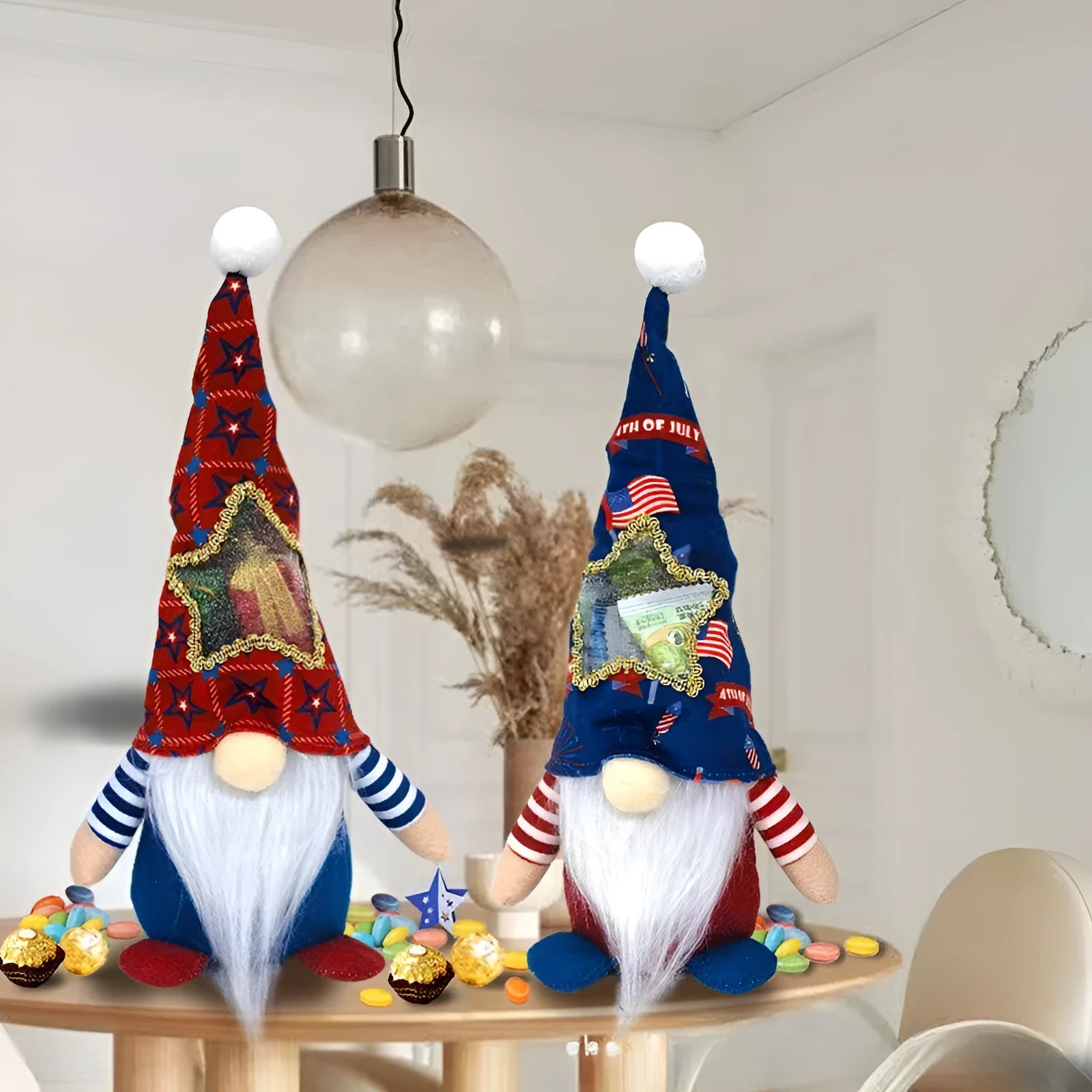 Two faceless Rudolf baby doll Christmas ornaments with candy bags, cloth construction, 32x12cm dimensions