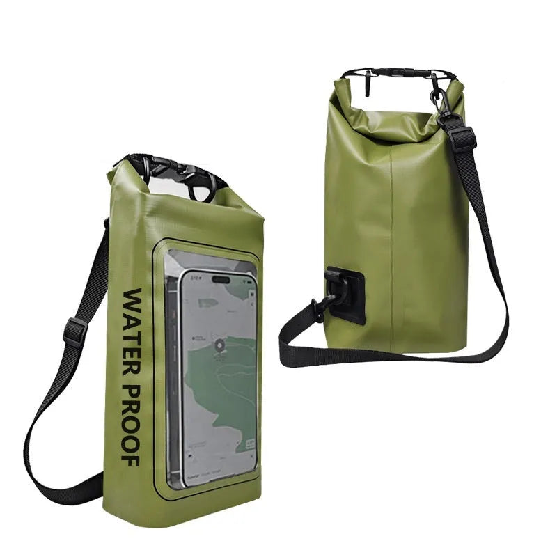Army Green 2L waterproof PVC mesh crossbody bag for phones, shown with adjustable strap.