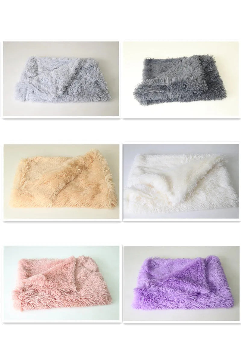Wool polyester plush dog blanket in grey showing soft texture with size options for medium and large dogs