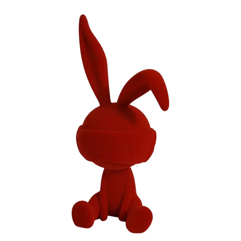 Resin rabbit table ornament with suede blindfold in blue, green or red colour options