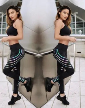 Women's night glowing workout leggings with autumn winter print patterns in black and white options