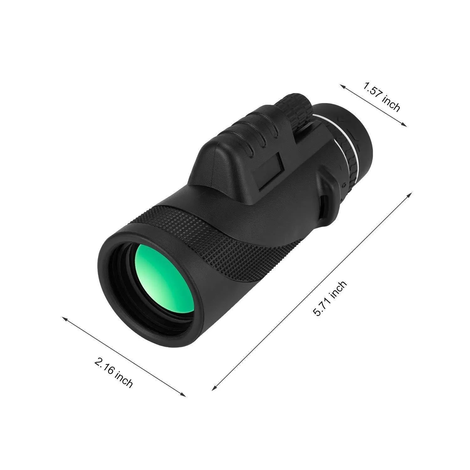 Black monocular telescope with 60mm lens for smartphones showing 40x magnification and waterproof design