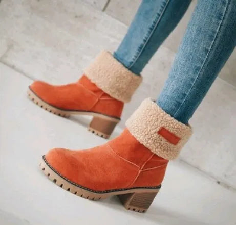 Women's suede mid-calf snow boots with a thick heel and round toe in five colour options.